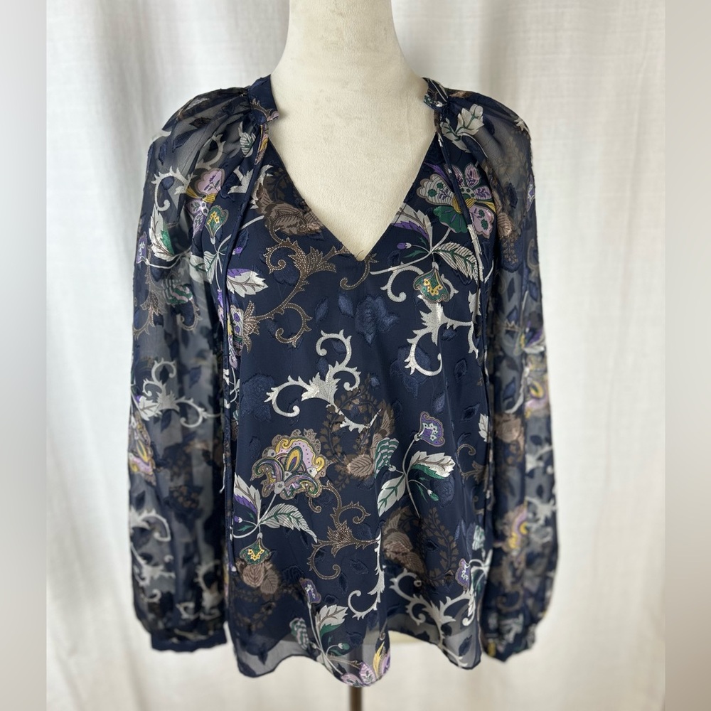 Current‎ Air Clarkson Blouse Navy Floral Blouse with Sheer Statement Sleeves